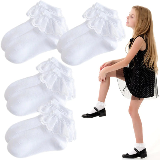 SHEHARUHI 4 Pairs Girls Ruffle Socks Girls White Socks Lace Sock Frilly Lace Socks Ruffled Girls White Princess Dress Socks for Girl Toddler Girl Socks (5-7 Years)